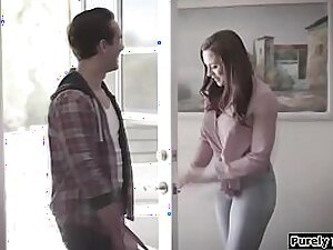 Stepbrother walks in on 19-year-old stepniece getting rough anal from much older man.